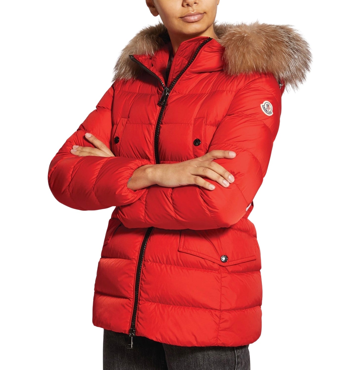 Moncler Clion Down Fur Puffer Coat In Red