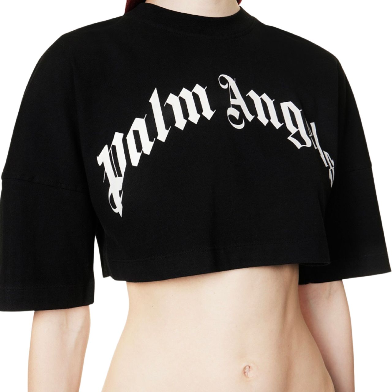 Palm Angels Curved Logo Cropped T-shirt In Black