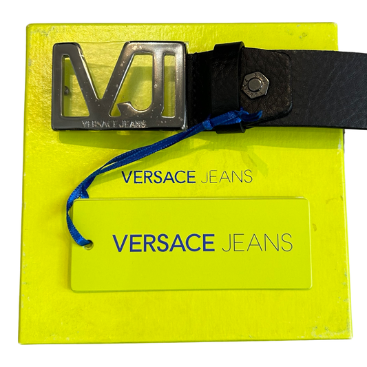 Versace Jeans VJ Gun Metal Grey Logo Belt In Black