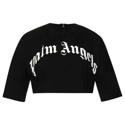 Palm Angels Curved Logo Cropped T-shirt In Black